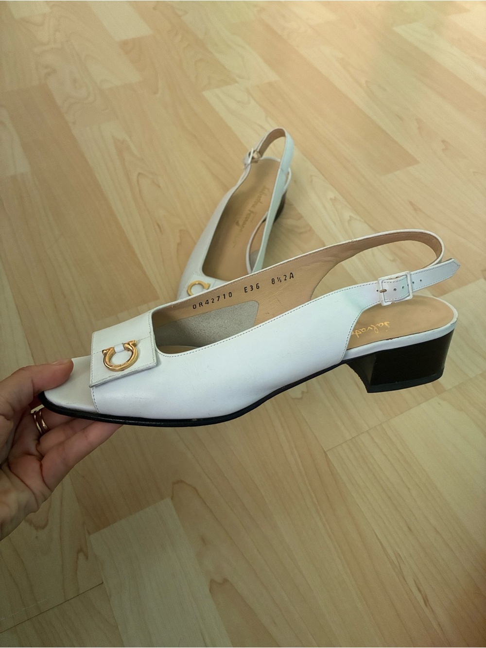 Salvatore Ferragamo White Leather Slingback Heels with Gold Buckle